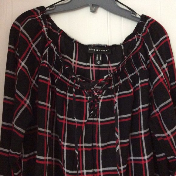Love&Legend | Ladies Red, White & Black Lace up Plaid Blouse | Size 14 - Picture 3 of 13
